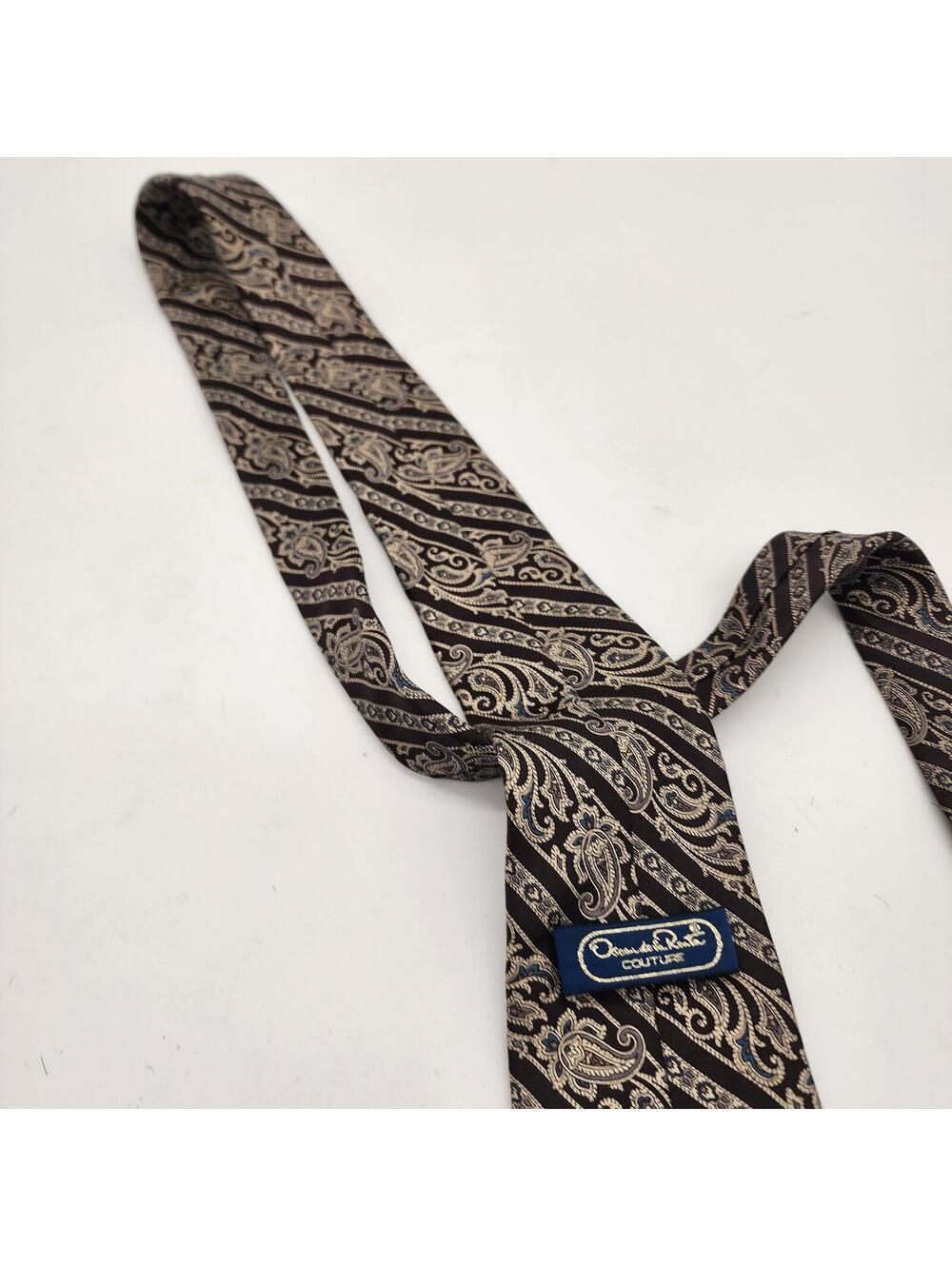 Oscar De Lenta Couture Men’s Paisley Silk Tie Brown Beige Vintage Style - Picture 3 of 6
